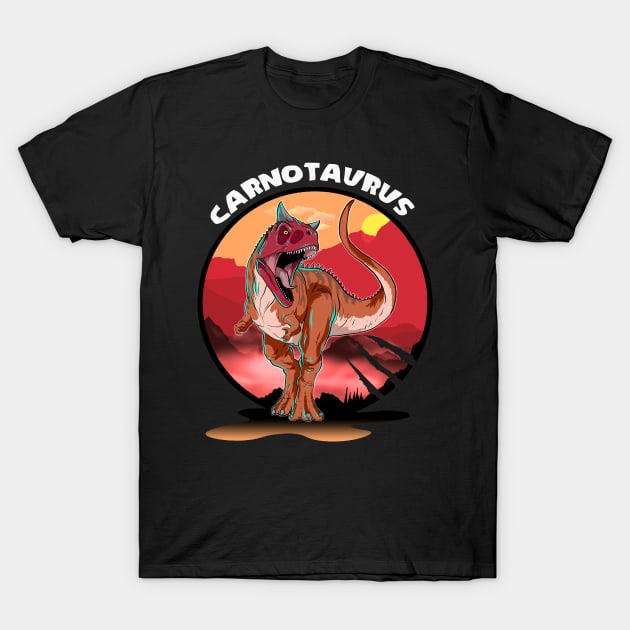 Carnotaurus Dinosaur Design With Background T-Shirt by Terra Fossil Merch